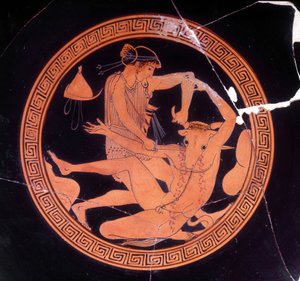 Minotaur killed by Theseus - Greek vase kept at the Museo Archeologico de Firenze. Interior of the pentic cup with red figures, painter of Dokimasia. 480 BC. by Greek