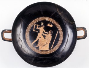 Painting on cup: Representation of Heracles waving a chair to knock out his music master, 470 BC. BNF, Medal Office by Greek