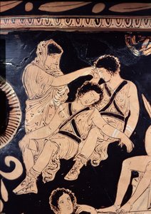 Attic red-figure krater depicting Orestes as suppliant at the shrine of Apollo in Delphi, attributed to the Apulian Eumenides Painter, c.380 BC (detail) by Greek School