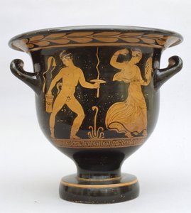 Bell-shaped Proto-Apulian Krater with Satyr and Maenad from Matera, Italy