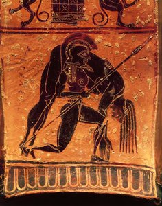 Black-figure pottery, Francois vase, Attic volute krater, detail, Ajax Telamon carrying Achilles