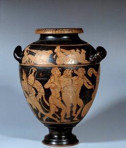 Greek Art: Attic Stamnos in Ceramic with Red Figures. Dionysian Scene
