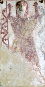 Polychrome Painting on Pinax and Relief Depicting Feminine Deity with Serpent from Agora of Athens, Greece, Greek Civilization, 7th Century BC by Greek School