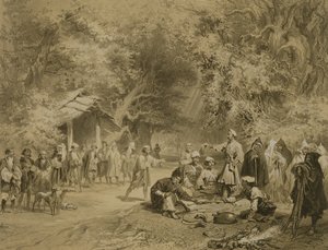 End of the Hunt, Mingrelia, plate 6 from a book on the Caucasus, engraved by Adolphe Mouilleron, published by Alfred Leon Lemercier, Paris by Grigori Grigorevich Gagarin