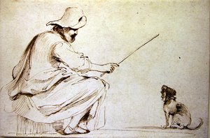 A Seated Man Training a Dog