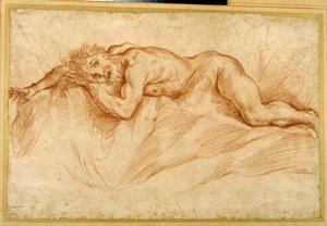 A terrified nude man, prone on rocky ground by Guido Reni