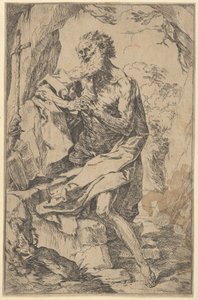 Saint Jerome kneeling on a rock in front of a cross and an open book facing left, ca. 1600-1640