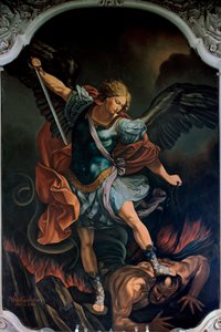 The Archangel Saint Michael Terrassing the Dragon by V. M. De Girolamo after Guido Reni, 1957 by Guido Reni