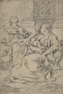 The Holy Family Seated Together in Front of a Colonnade, Saint Joseph Reading by Guido Reni