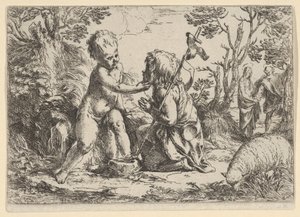 Young Saint John the Baptist kneeling before the infant Christ who caresses his face by Guido Reni