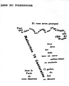 Calligram by Guillaume Apollinaire (1880-1918): "Far from the Pigeonnier" by Guillaume Apollinaire