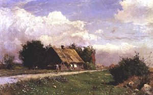 A wooded landscape with figures by a cottage