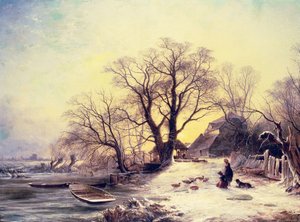 Figures outside a cottage in winter by Gustaf Fredrik Rydberg