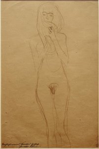 Standing Female Nude with Mouth Covered by Hair