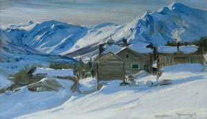 Mountain farm in snow landscape by Gustav Wentzel