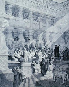 Daniel Interpreting the Writing on the Wall, engraved by A. Ligny by Gustave (after) Dore