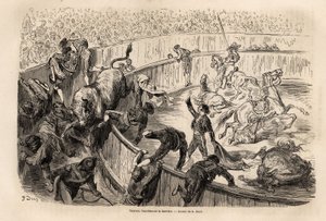 A bull crossing the barrier during a bullfight in Valencia by Gustave Dore
