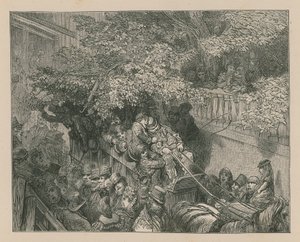A crowded horse-drawn coach by Gustave Dore