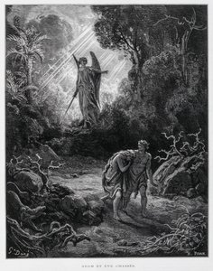 Adam and Eve banished from the Garden of Eden by an angel, Illustration from the Dore Bible by Gustave Dore