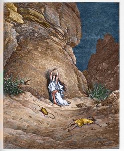 Hagar and her son Ishmael in the desert after being expelled by Abraham - engraving in The Bible illustree by Gustave Dore - Engraving from The Dore Bible
