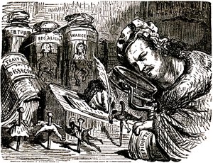 Cartoon by Honore de Balzac by Gustave Dore for the Tales Drolatiques (1855): the writer is croque as an entomologist studying human beings like insects in his cabinet filled with entomology and dissection drafts as well as jars w by Gustave Dore
