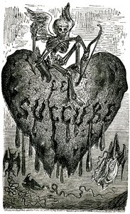 Chapter head illustration by Gustave Dore for the Drolatic Tales (1855) by Honore de Balzac: the succubus (vampire) - skeleton, death, heart, blood