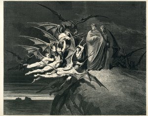 Dante and Virgil face the demons. Engraving from The Hell by Dante Alighieri (the Divine Comedy) illustrated by Gustave Dore. French edition of 1861. “Let none of you be rebellious!”, chant 21, v. 72.