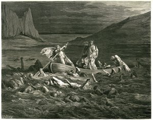 Dante and Virgil sail, led by the Nocher Phlegyas, on the Styx in which damns are wading, who try to climb into the boat. Engraving from The Hell by Dante Alighieri (the Divine Comedie) illustrated by Gustave Dore. French edition of 1861. by Gustave Dore