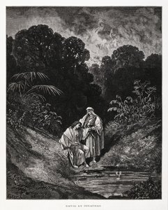 David and Jonathan, Heroic Figures of the Kingdom of Israel, Illustration from the Dore Bible by Gustave Dore