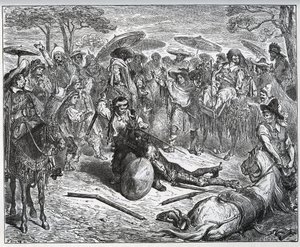 Don Quixote Beaten in the Middle of a Group of Merchants - The Mule Maker Had Taken a Taste of the Game - from "Don Quixote de la Mancha" by Miguel Cervantes