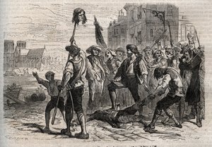 French Revolution: Death of Jacques de Flesselles, Count of Bregy, French administrator, provost of the merchants of Paris by Gustave Dore