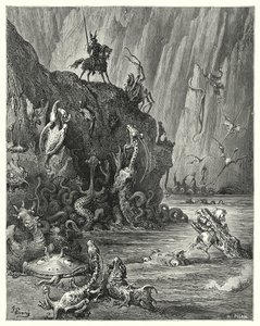 A vast lake of boiling pitch, in which an infinite multitude of fierce and terrible creatures are traversing backwards and forwards