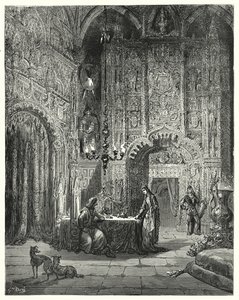 Another damsel comes into the room, and begins to inform him what castle that is, and how she is enchanted in it by Gustave Dore