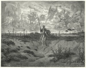Don Quixote: "He travelled almost all that day" (engraving)