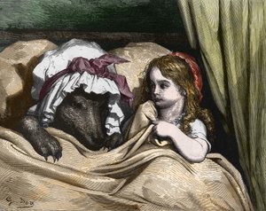 Little Red Riding Hood and Wolf dislike Grandma. Illustration by Gustave Dore