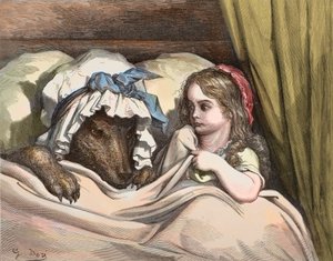 Little Red Riding Hood and Wolf dislike like Grandma. Illustration of The Tales by Charles Perrault by Gustave Dore - Little Red Riding Hood - Gustave Dore Engraving