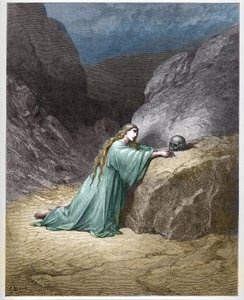 Mary Magdalene repentant - engraving in The Bible illustree by Gustave Dore - Engraving from The Dore Bible