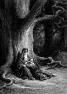 Merlin and Viviane in the Broceliande Forest (Cycle of the Knights of the Round Table) - in “Viviane” by Alfred Tennyson, illustration by G. Doré