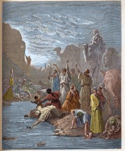 Moses brings forth water from the rock - Book of Exodus (Bible) - engraving in The Bible illustree by Gustave Dore - Engraving from The Dore Bible