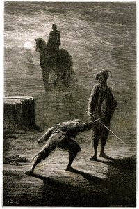 Night Duel in the Moonlight Between Baron de Sigognac and Jacquemin Lampourde, Under the Equestrian Statue of the King of Bronze. Engraving by Gustave Dore Illustrating Theophile Gautier