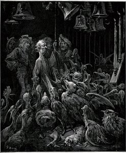 On Sonnante Island, Panurge makes birds sing by sounding the bells - illustration by Gustave Dore for complete works by Francois Rabelais - Fifth Book - Pantagruel by Gustave Dore