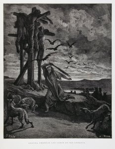 Rizpah Prevents Wild Beasts from Desecrating Bodies of Her Dead Sons, Illustration from the Dore Bible by Gustave Dore