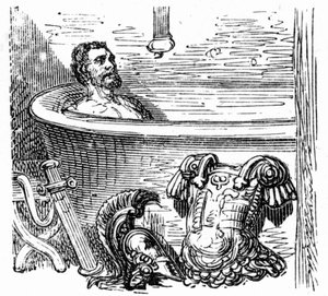 Roman soldier bathing at the thermal baths of Bagneres de Bigorre: engraving by Gustave Dore illustrating the book "Voyage aux Pyrenees" by Hippolyte Taine, Hachette 1860 by Gustave Dore