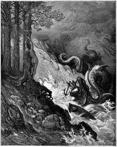 Ruggiero fights the marine monster (dragon) that threatens Olimpia bare tie to a tree, blocks his jaws with an anchor and saves Olimpia (chant 11 stance 37) - Engraving by Gustave Dore illustrating 