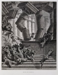 Samson destroys the temple of Baal, Illustration from the Dore Bible by Gustave Dore