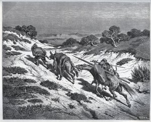 Sancho Panza, Don Quixote and Their Mounts After Their Defeat Against the Yangers by Gustave Dore