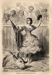 Scene of bullfighting: the triumph of Teresa Bolsi, Andalusian bullfighter, saluting the assembly that acclaim her in Seville. Sketch taken on the live by Gustave Dore (1832-1883). Engraving to illustrate the voyage in Spain, in 1862 by Charles Davillier a by Gustave Dore
