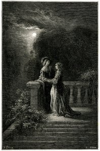 Sigognac and Isabelle: Lovers Finally United in the Moonlight. In the End Love Triumphs! Engraving by Gustave Dore Illustrating the Picaresque Novel of Cape and Epee by Theophile Gautier 