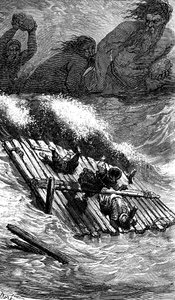 Sindbad the sailor (Sinbad) - tale of the thousand and one (1001) nights - illustration by Gustave Dore - Maxwell edition 1865 - Third voyage: Sindbad and his companions having taken sea aboard a raft are pursued by giants who throw huge stones at them