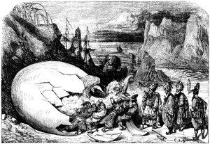Sindbad the sailor - tale of the thousand and one nights - illustration by Gustave Dore - Maxwell edition 1865 - Fifth voyage: the merchants accompanying Sindbad break the shell of a gigantic egg of the bird giant Roc to extract a huge baby by Gustave Dore